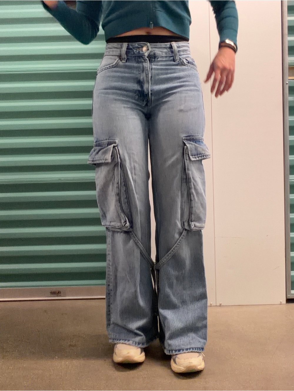 Zara Light Blue Wide-Leg Cargo Jeans with Strap Detail